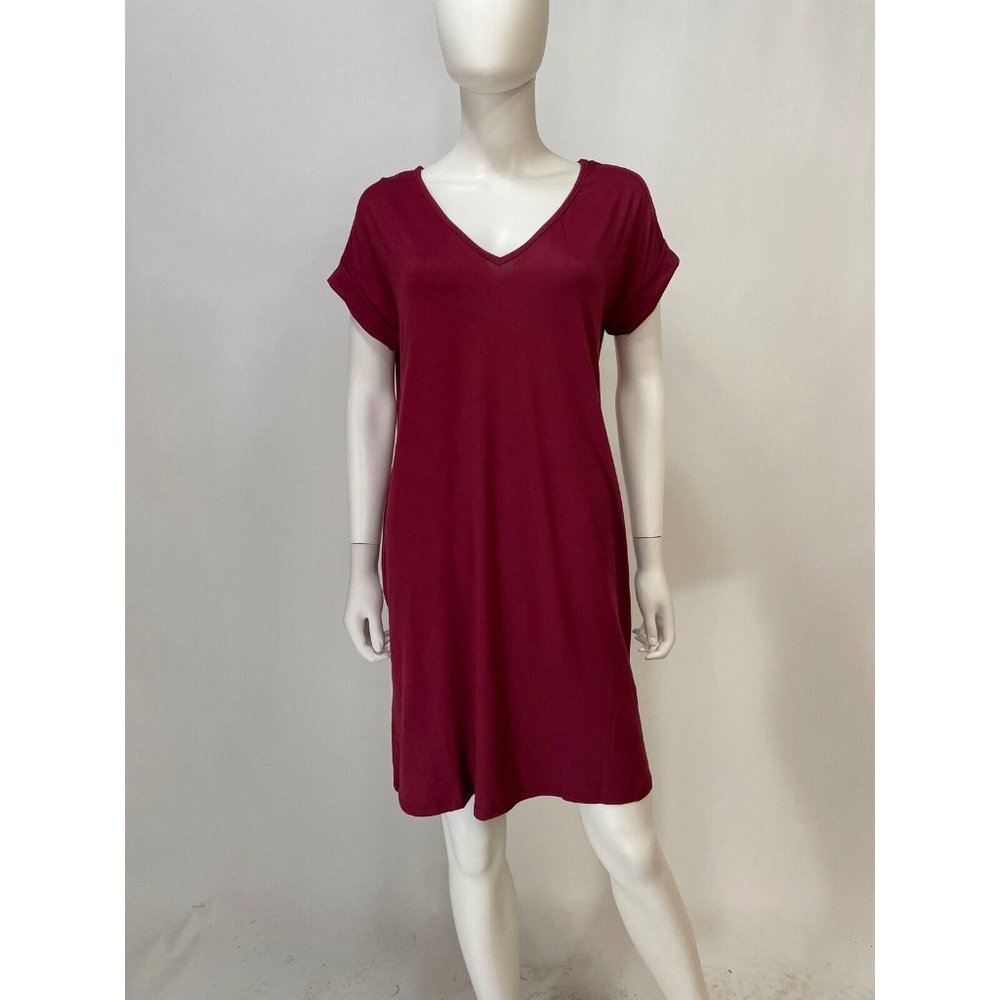 Entro Wine V-Neck Pocket Short Sleeve Mini Dress